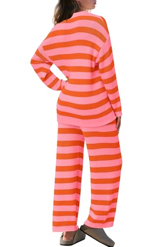 Image of SENSERISE Womens Striped Set Sweater Lounge Sets Matching Fall Outfits Long Sleeve Tops and Pants with Pockets