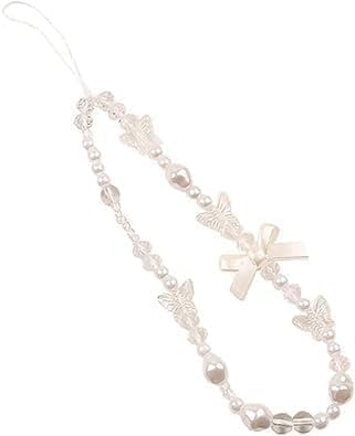 White Mobile Phone Lanyard Universal Phone Chain Love Pearl Beaded Phone Lanyard Wrist Strap Anti Lost Phone Charm Strap Fashion Cute Phone Case Keychain Wallet Decoration Pendant for Women Girls