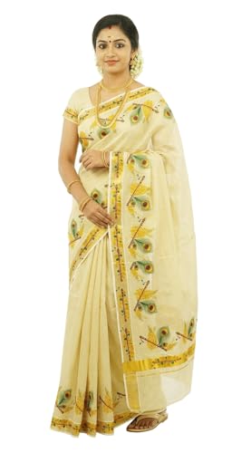 Image of Women's Mural Printed Kerala Gold Tissue Saree with Running Blouse Piece | Traditional South Indian Ethnic Saree for Festivals, Weddings & Special Occasions