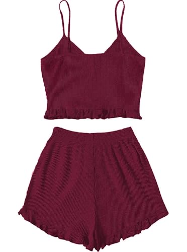Image of Avanova Women Sexy 2 Piece Pajama Set Ruffle Trim Cami Top and Shorts Sleepwear Set