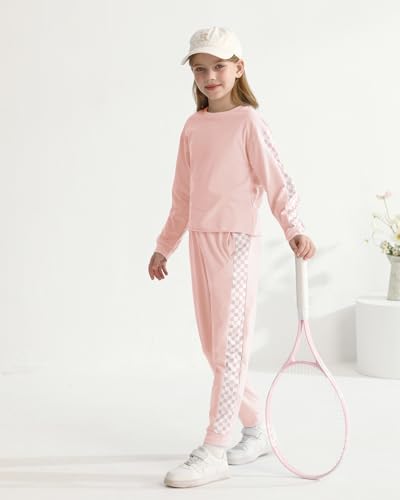 Image of SANMIO Toddler Girl Clothes 2 Piece Outfits Girls Tracksuit Activewear | Long Sleeve Crewneck Checkered Sweatshirts and Sweatpants Casual Fall Winter Clothing Set