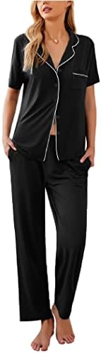 Ekouaer Petite Pajamas for Women Button Down Nightwear Short Sleeve Top and Long Pants Pjs with Pockets Black Large