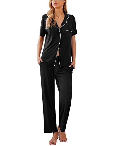Ekouaer Petite Pajamas For Women Button Down Nightwear Short Sleeve Top And Long Pants Pjs With Pockets Black Large #TOP24