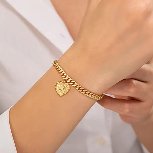 Gold Initial Charm Bracelets Heart Bracelet for Women, 14K Gold Plated Cuban Link Bracelet 26 Letter Bracelets for Women Dainty Charm Bracelets Gold Jewelry Gifts for Women3