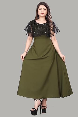 Image of Women's Poly Crepe Round Neck Plain Gown Dress