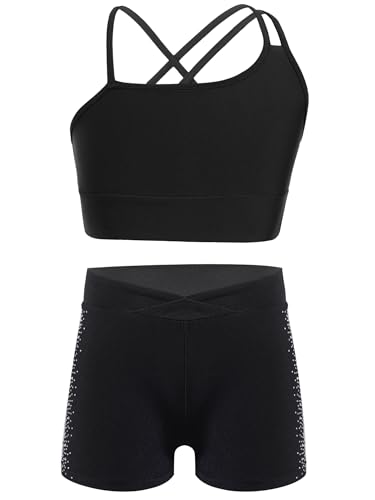 Kids Girls 2 Pieces Activewear Asymmetrical Spaghetti Straps Crop Top and Booty Shorts Set Gym Workout Tracksuit
