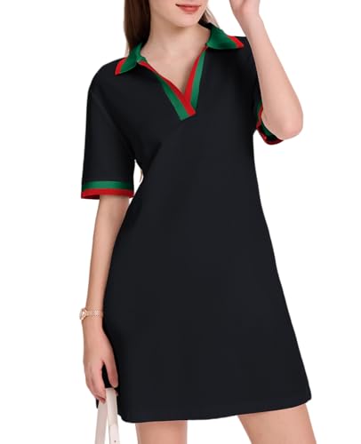 Image of WOWULOVELY Polo Dress for Women V Neck Casual Short Sleeve Mini Shirt Dress Flowy Contrast Color Golf Tennis A Line Dresses