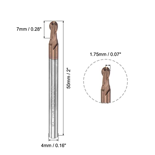 Image of uxcell Ball Nose End Mill 1.75mm Tip Radius Solid Carbide AlTiSin Coated CNC Router Bits 2 Flute Spiral Milling Cutter HRC55 with 4mm Shank 50mm (2-inch) Length