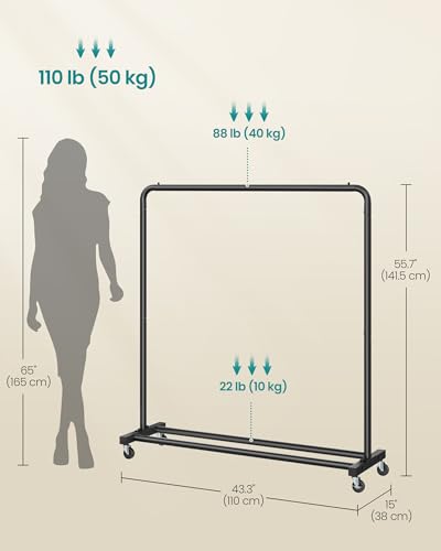 SONGMICS Clothes Rack, Garment Rack on Wheels, Coat Rack, 2 Lockable Wheels, Bedroom, Holds up to 50 kg, 38 x 110 x 141.5 cm, Ink Black HSR016BH01 - Image 4