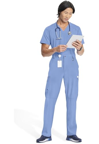 Cherokee Men's Scrub Pants Modern Fit 6 Pockets Tapered Leg with Drawstring CK200AT, XL Tall, Ciel
