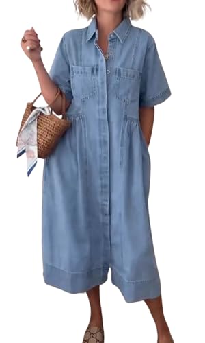 chouyatou Women's 2025 Summer Short Sleeve Denim Shirt Dress Midi