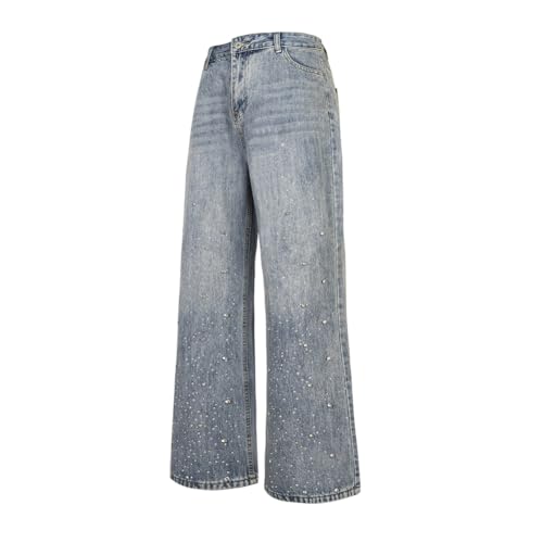 ELKNLMU Hip Hop Rhinestone Jeans Men Women Baggy Straight Vintage Blue Denim Pants Streetwear Jeans Trousers (Medium)