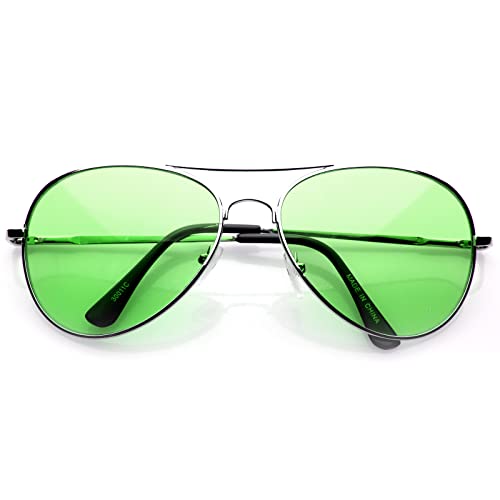zeroUV Colorful Premium Silver Metal Aviator Glasses with Color Lens Sunglasses (Green)