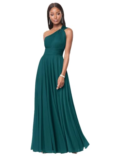 One Shoulder Bridesmaid Dresses for Women A Line Pleated Chiffon Long Formal Wedding Guest Dress with Pockets