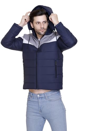 Image of Men's Navy Blue and Grey Hooded Puffer Jacket, Quilted, Zip Front