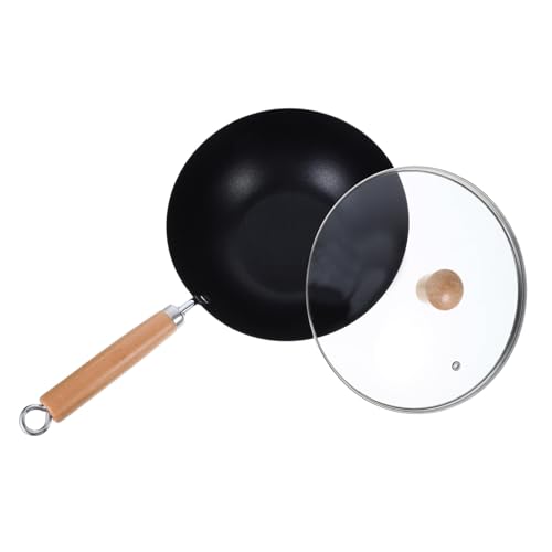 Wok pequeño de hierro sin recubrimiento con tapa y mango de madera miniatura 1