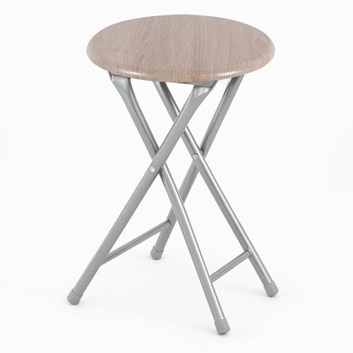 Vetrineinrete® Sgabello pieghevole MDF moderno rotondo rovere chiaro sedia sgabellino richiudibile salvaspazio Ø30x46 cm