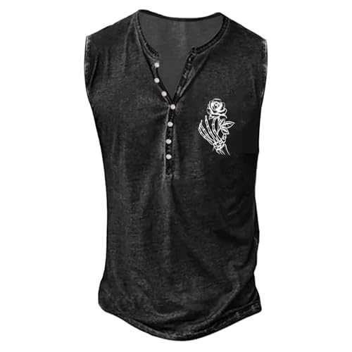 2026 Hombres Moda Verano Antiguo Básico Botón Pequeño Estampado Camisa Sin Mangas Camiseta Chaleco, Negro , M