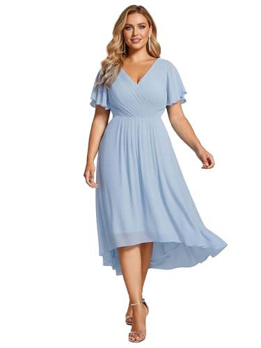 Image of Ever-Pretty Plus Summer Short Sleeves V-Neck Formal Wedding Guest Dresses for Curvy Women Chiffon Midi Cocktail Party Dress