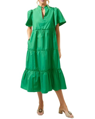 Image of YEXPINE Women's V Neck Tiered Midi Dress Casual Short Sleeve Ruffle Flowy Summer Beach Vacation Long Dress