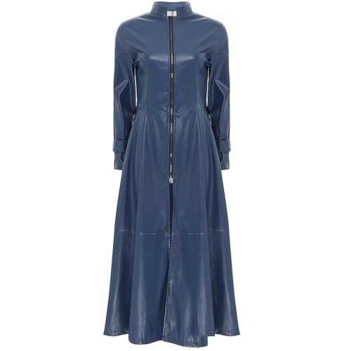 Women's Faux Leather Trench Coat Mock Neck Long Sleeve Full Zip Dress Coat Maxi Jacket Outwear