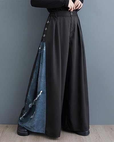ellazhu Women's Pants Button Black Blue Pattern Patchwork Loose Oversize Length to Ankle GZ253 A2