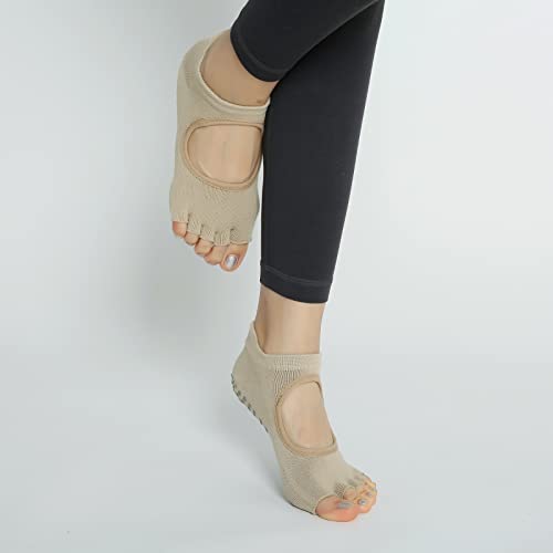 Image of Yoga Pilates Toe Socks Toeless Socks with Grips for Women Non Slip Cushioned Low Cut Ankle Socks for Dance