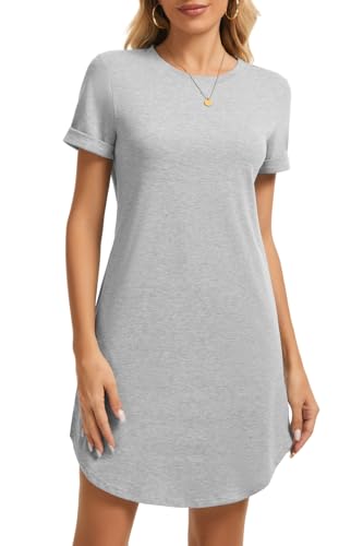 Image of Women's Casual Summer Short Sleeve T-Shirt Dress Crew Neck Loose Solid Color Basic Beach Dresses with Pockets