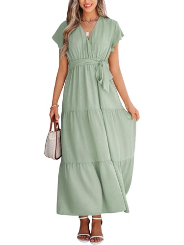 CUPSHE Maxikleid für Damen, Wickelkleid, V-Ausschnitt, kurze Flatterärmel, gerüschter Saum, Gürtel, Sommer, lange Kleider, salbeigrün, S