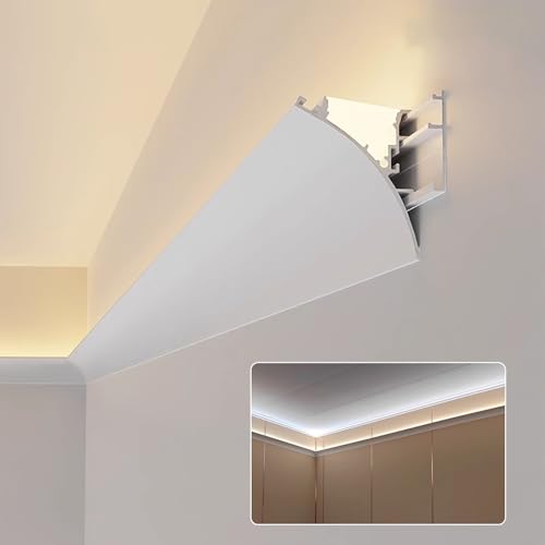 Perfil Aluminio TiraLed Canal Difusor para Tiras LED en Moldura de Corona, Perfil de Aluminio para Iluminación de Zócalo con LED de Montaje en Superficie, Difusor de Iluminación Indirecta(6.6m/21.7ft)