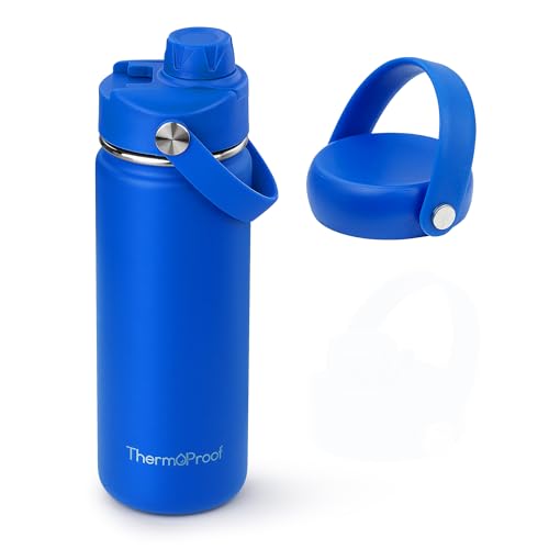 Image of ThermoProof Insulated Water Bottle - Stainless Steel, Wide Mouth, Screw Lid & Spout Lids, Leakproof, Dishwasher Safe, Reusable - Keeps Drinks Hot or Cold - for Adults & Kids - 18oz, Blue