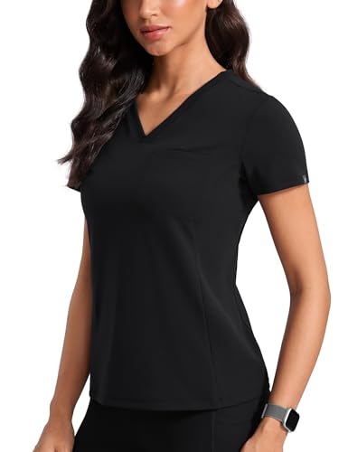 POPVIOLET Womens V-Neck Scrub Top 4-Way Soft Stretch Medical Shirts with Pocket Slim Fit Nurse Tees Breathable Workwear Black Medium