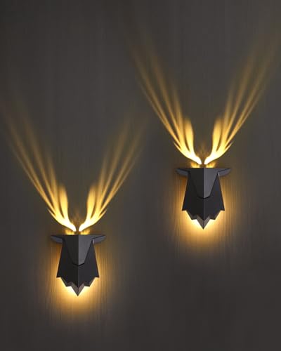 Fuloon Antler Night Light with Remote Control Adjustable Deer Wall Lamp Battery Operated and Removable Charging for Bedroom Living Room Hallway Black 2 Pcs