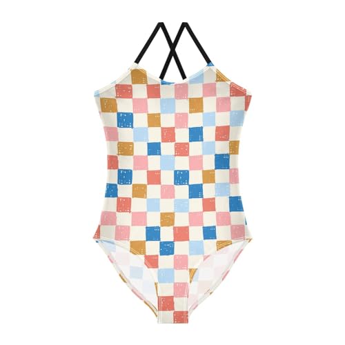 Stripe Checkerboard Girls One Piece Swimsuits Organic Check Sport Halter Swimwear Beach Bathing Suit 5-6T