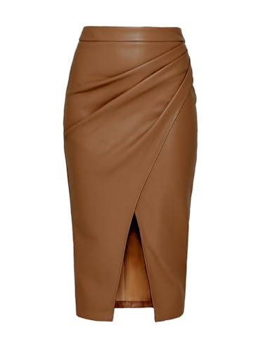 SUNYUESTAR Women's Faux Leather Midi Skirt High Waisted Wrap Ruched