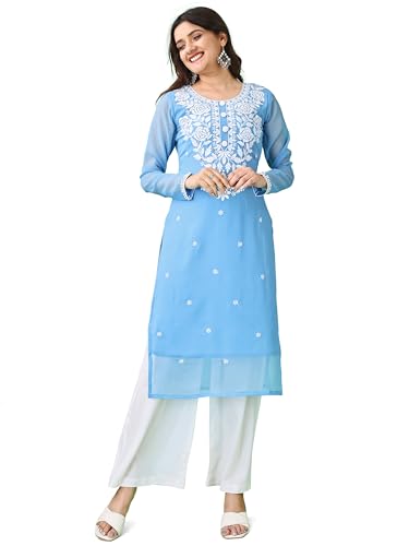 Image of HESVI Women's Georgette White Lakhnavi Chikankari Kurti with Intricate Embroidery Work
