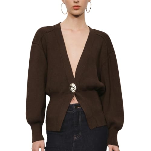 Image of URBAN REVIVO Women Knitted Cardigans Long Sleeve V-Neck Lightweight Sweater One Leaf Button Down Outwear