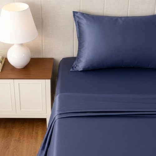 Image of LANE LINEN 100% Cotton Satin Fantasy Bedsheet Double Size - Estate Blue