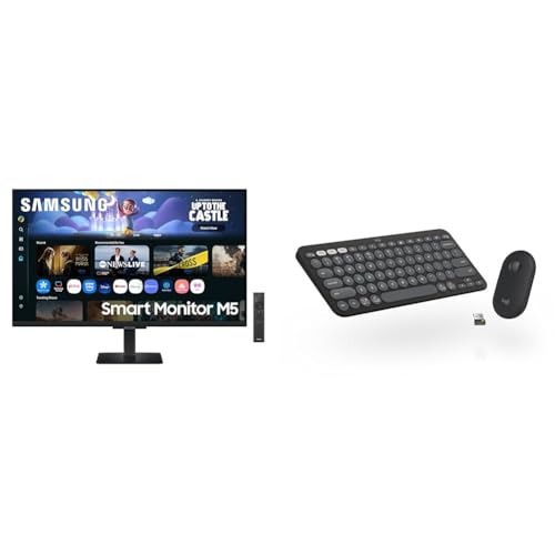 Image of Samsung 32 inch (80cm) M5 Smart Monitor with Smart TV Experience|FHD 1920 x 1080|Screen Mirroring TV Plus|Speakers|Adaptive Sound|Wi-Fi|HDMI|Bluetooth + Logitech Pebble 2 Combo Wireless Keyboard and Mouse