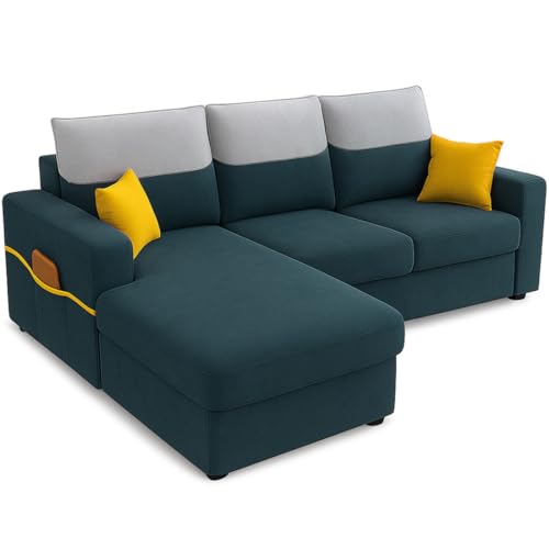 Image of Furny Tokiaa 4 Seater Fabric LHS L Shape Sofa Set (Greenish Teal) | Soft Velvet Fabric | Modern Design | Comfortable Seating | Living Room Furniture