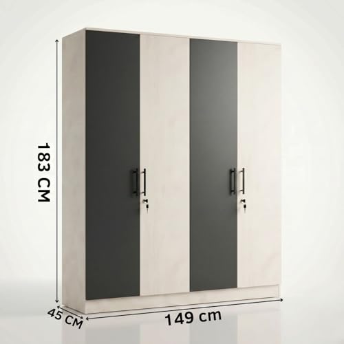 Image of FFO Tokyo 4 Door Wooden Wardrobe for Bedroom with Hanging Rod, Shelves & Lock | Modern Clothes Storage Almirah /Cabinet with Black & White Wood | Wardrobe Organizer for Clothes, Dresses DIY.