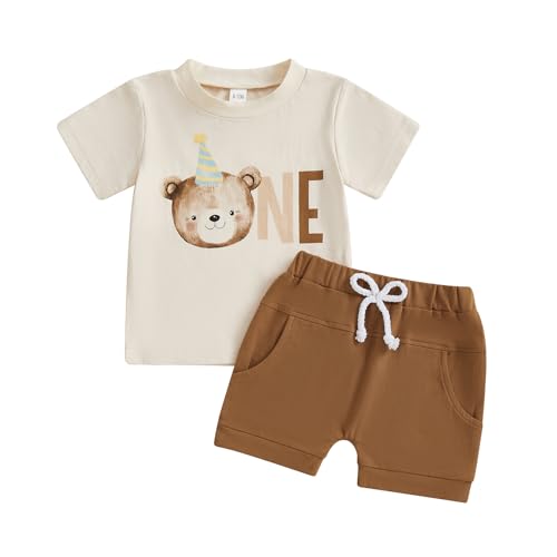Baby Boy First Birthday Outfit Short Sleeve Bear Print Shirt Shorts Sets Cake Smash Clothes 2Pcs