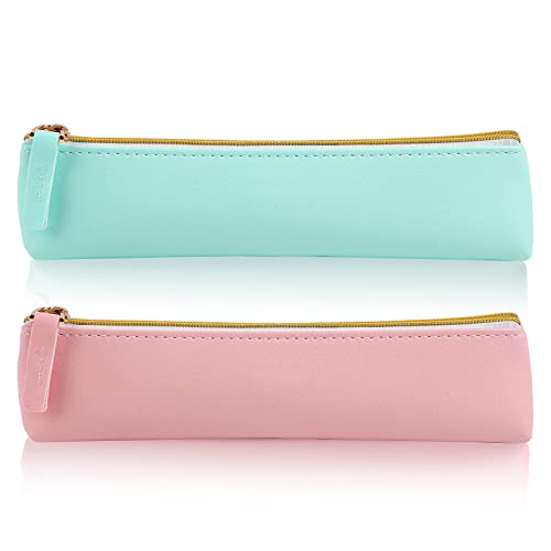 Image of KALIONE 2 Pcs PU Leather Small Pencil Pouch, Small Pen Pencil Stationery Pouch Bag Slim Design Zipper Pencil Pouch for Pens, Pencils, Markers(Green&Pink)