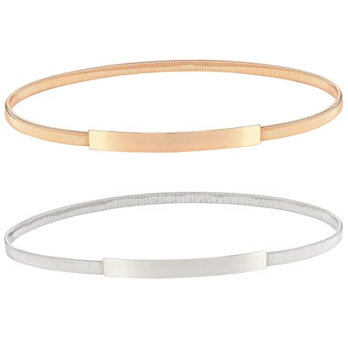 XZQTIVE 2 Pieces Women Skinny Metal Chain Waist Belt Stretchy Saree Cinch Belt for Dress Gold Sliver
