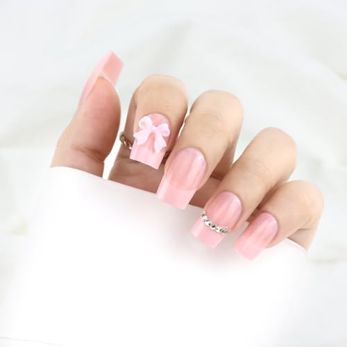 VOTACOS Light Pink French Tip Press on Nails Short Square Acrylic Fake Nails Press Ons with Glue 24PCS 3D Bow Glue on Nail with Design Cute Rhinestones Stick on False Nail for Women and Girls — view 4
