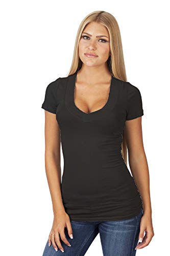 Khanomak Women's Casual Basic Deep V-Neck Short Sleeve T-Shirt (Black, Small)