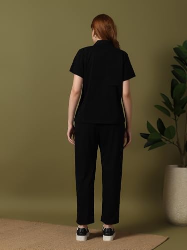 Image of Kvetoo Women Solid Tracksuit Set Cotton Lounge Wear Set Half Sleeve Polo T-Shirt & Straight Pant Casual Travel Outfit