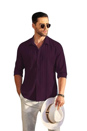 Image of DEELMO Men's Casual Button Down Shirts Long Sleeve Linen Shirt Fashion Textured Beach Summer Shirt
