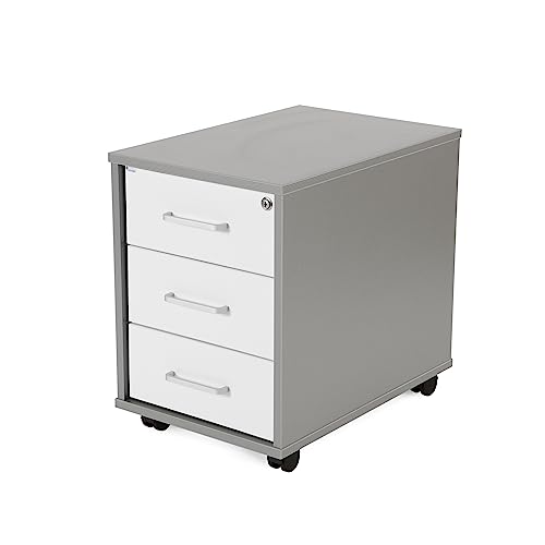 Rocada | Cajonera Oficina con Ruedas | 40x59,5x58 cm | Cajonera Madera con Cerradura | Mueble Auxiliar para Oficina con 3 cajones | Color Gris/Blanco