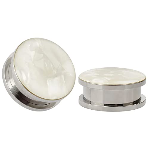 KUBOOZ White Sea Shell Opal Stainless Steel Screw Ear Piercings Body Jewelry Plugs Tunnels Gauges